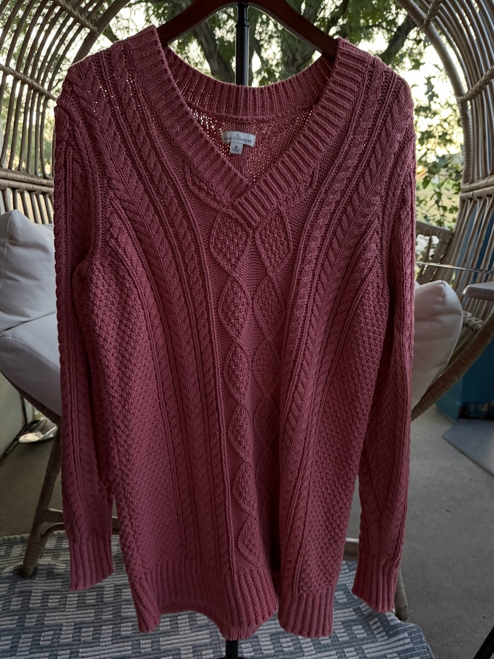 Signature Cable V-Neck Sweater Dress in Pink Rose